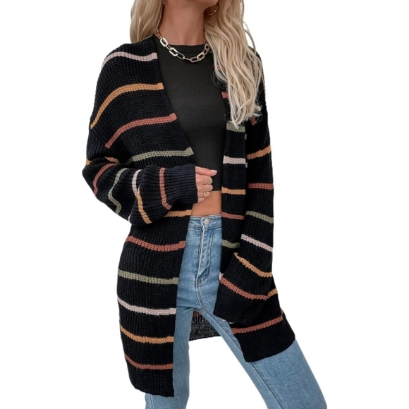 Sweaters - Women's Casual Cardigan Sweaters Drop Shoulder Striped Cardigan Knit Outwear